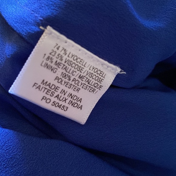 MISA Ambrosia Ruffle Hem Striped Midi Dress‎ Metallic Gold Royal Blue Tiered NEW - Picture 14 of 14